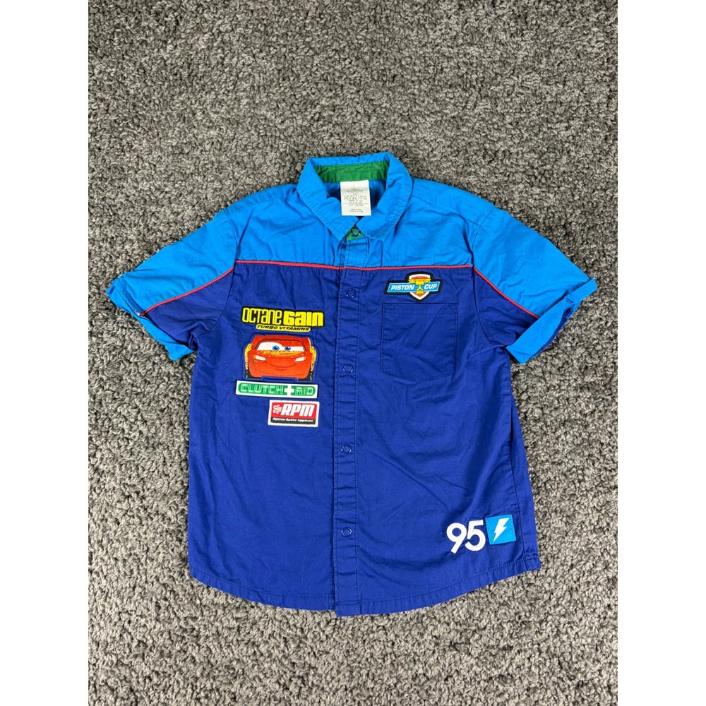 Disney Store Cars Lightning McQueen Button Down Shirt Blue Kids 5/6 Piston Cup